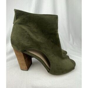 Charles David Ankle Boots 10M Fable Peep Toe Heel Bootie Vegan Suede Olive Green